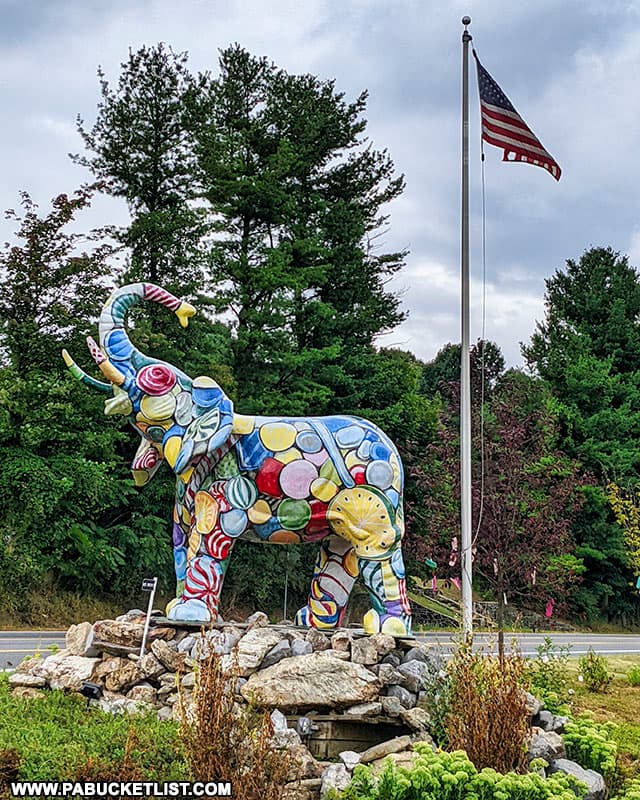 A colorful elephant statue along Route 30 near Mister Ed's Elephant Museum and Candy Emporium in Adams County.