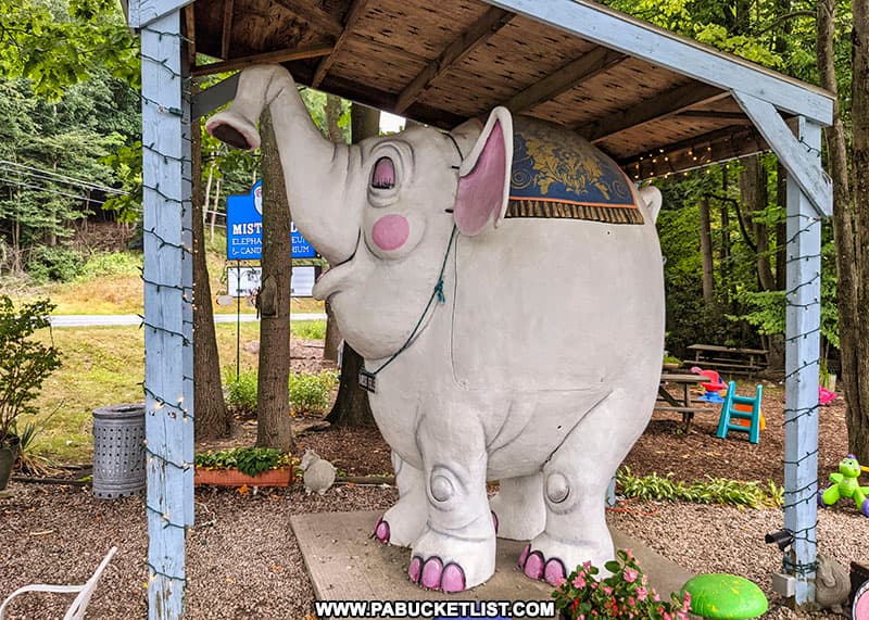 One of the many elephant statues around the gardens at MIster Ed's Elephant Museum and Candy Emporium east of Chambersburg.