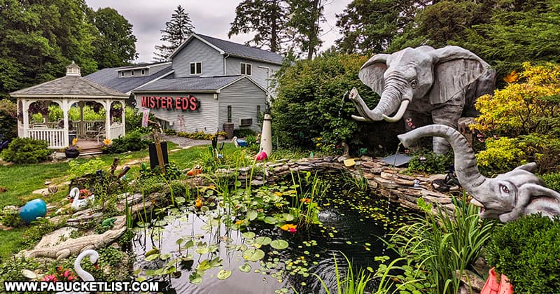 An elephant-themed water garden in front of Mister Ed's Elephant Museum and Candy Emporium in Adams County.