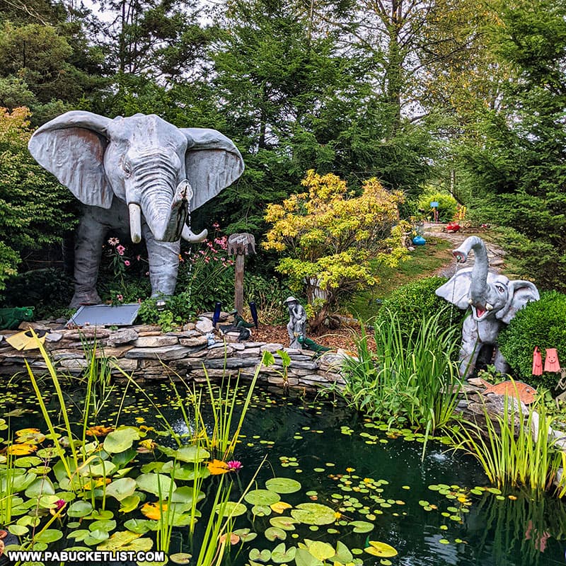 An elephant-themed water garden outside Mister Ed's Elephant Museum along Route 30 near Gettysburg.