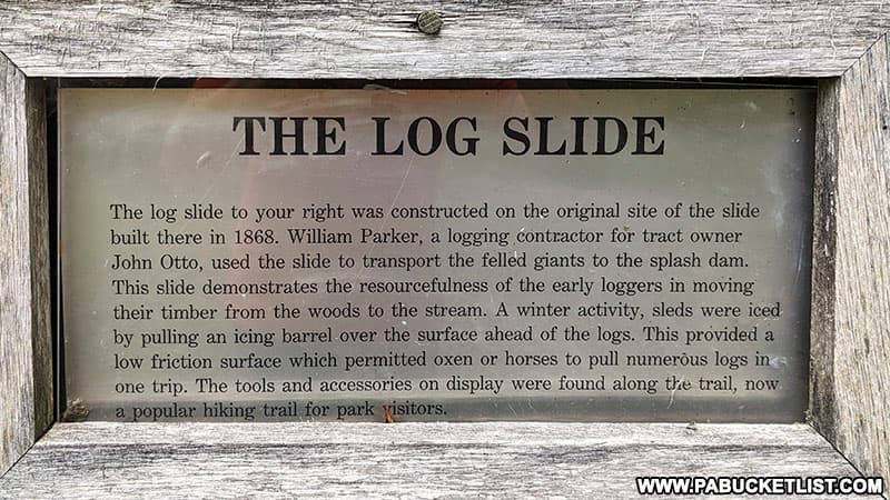 A description of the reproduction log slide at Parker Dam State Park.