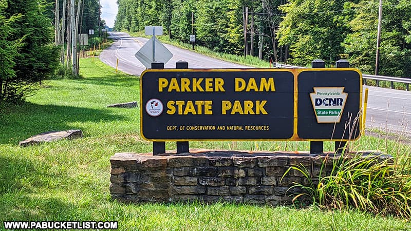 Parker Dam State Park sign along Route 153 in Clearfield County.