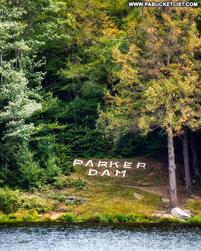 Parker Dam stone letters visible from across Parker Lake.