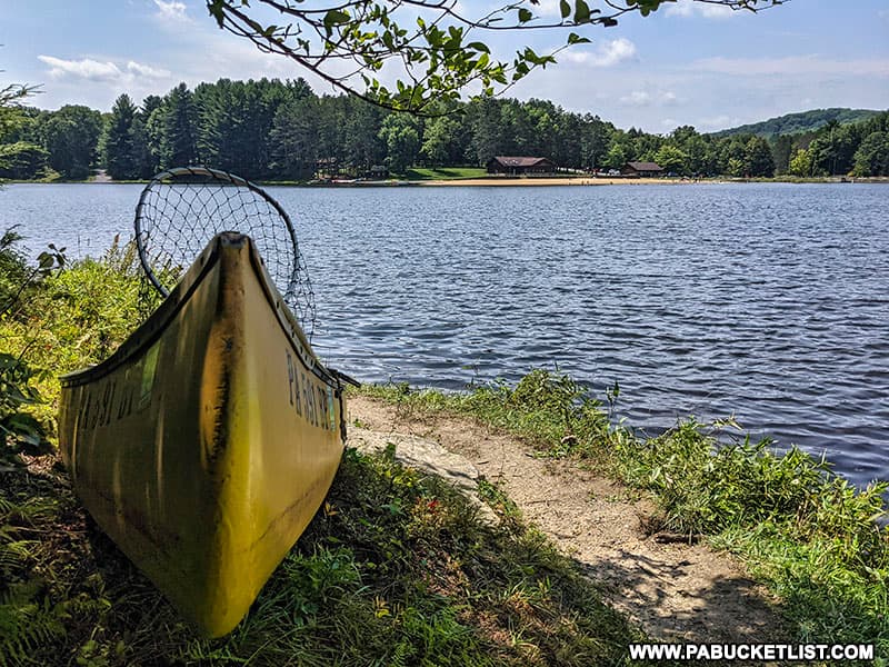 A canoe on the banks of Parker Lake at Parker Dam State Park in Clearfield County, PA.