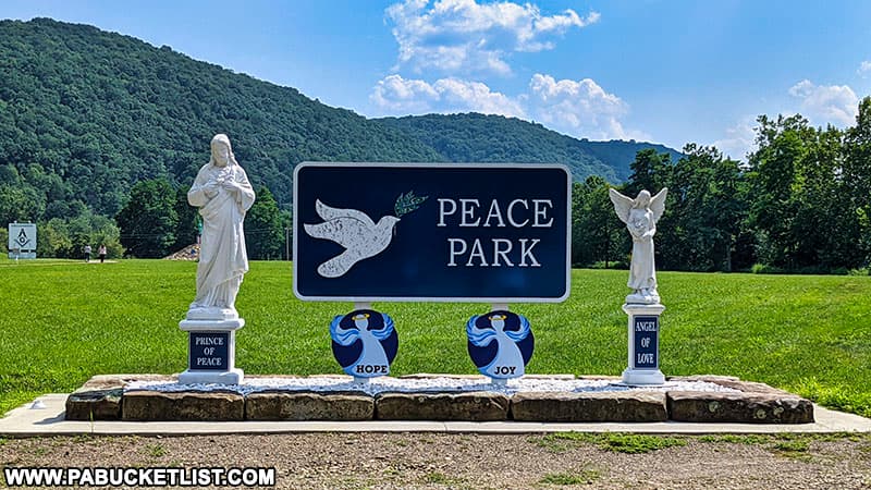 Sign at the entrance to Peace Park on Lighthouse Island in Tionesta Pennsylvania.