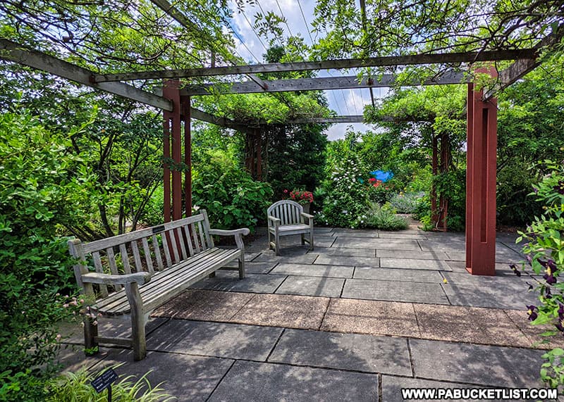 Rose garden sitting area at the Penn State Arboretum.