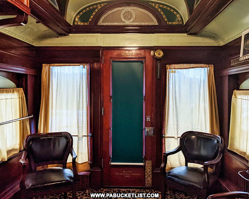 The sitting area at the rear of the Presidential Train Car bed and breakfast at Doolittle Station.