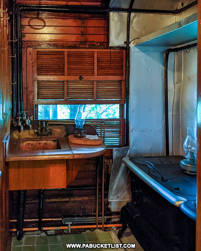 The original kitchen onboard the Presidential Train Car bed and breakfast at Doolittle Station in DuBois.