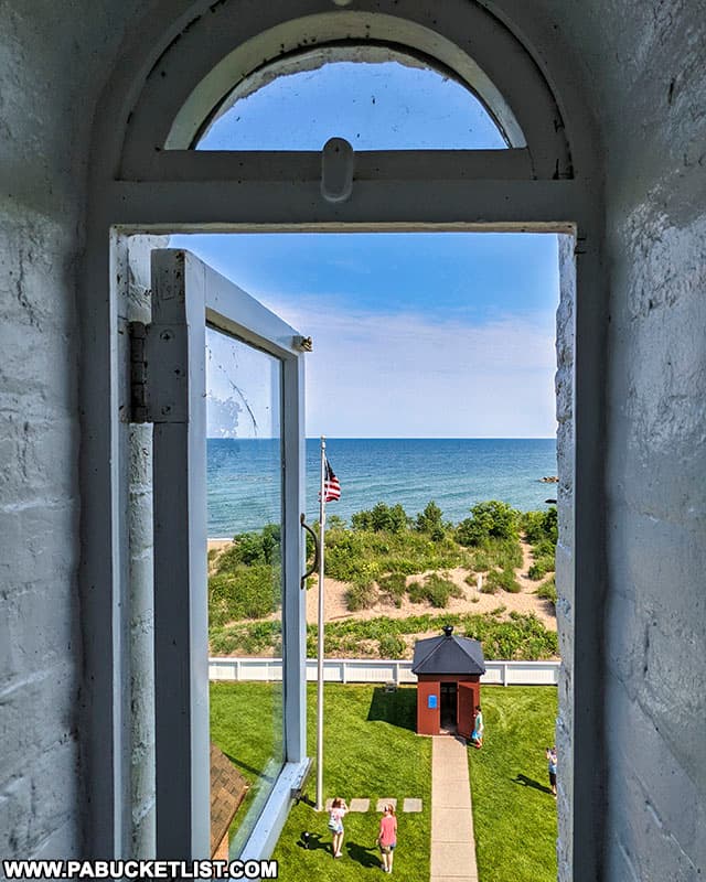 Looking out a stairwell window at the Presque Isle Lighthouse in Erie, PA.
