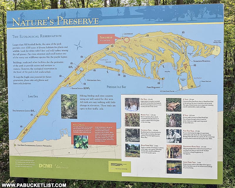 A map of the hiking trails at Presque Isle State Park in Erie PA