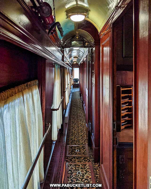 Ornate hallway in the Presidential Train Car bed and breakfast at Doolittle Station in DuBois. Doolittle Station