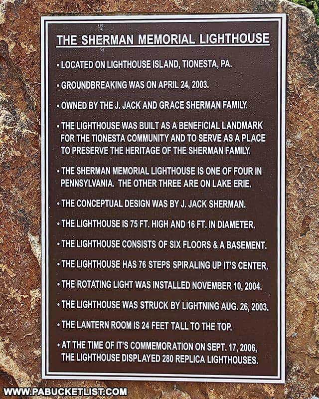 History of the Sherman Memorial Lighthouse in Tionesta Pennsylvania.