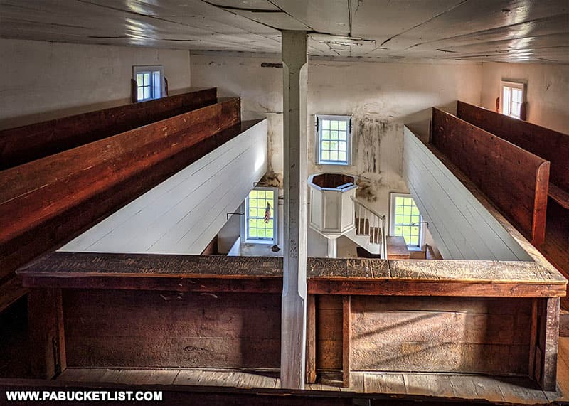 The upper pews at the 1806 Old Log Church in Bedford County PA.