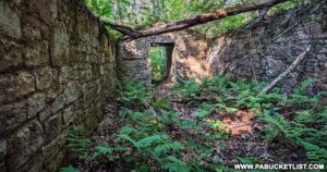 Inside the ruins of the General's quarters at the abandoned Sideling Hill POW Camp in the Buchanan State Forest.