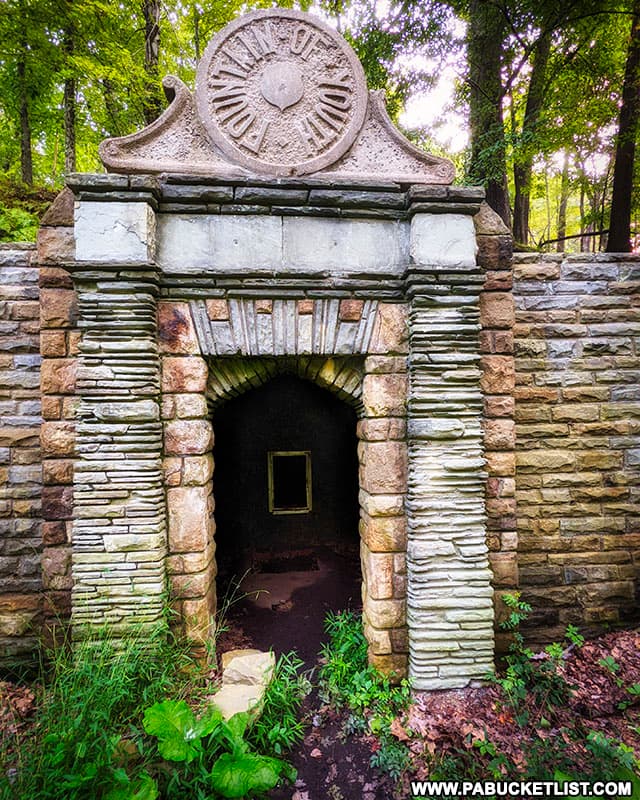 The Roman-inspired stonework on the front of the Fountain of Youth, north of Pittsburgh.