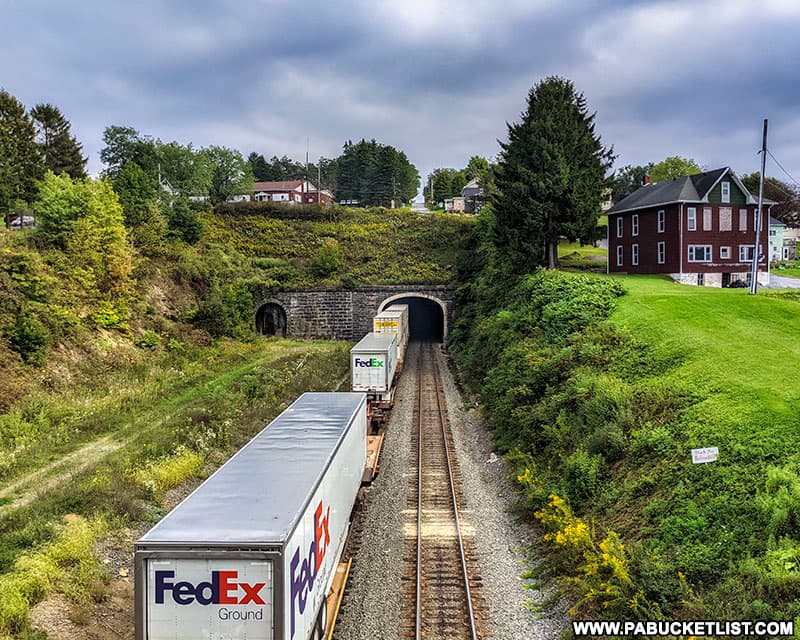 FedEx trailers stacked on a train passing through the Allegheny Tunnel in Gallitzin.