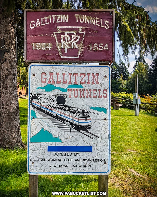 Gallitzin Tunnels signs at the park in downtown Gallitzin next to the tunnels.