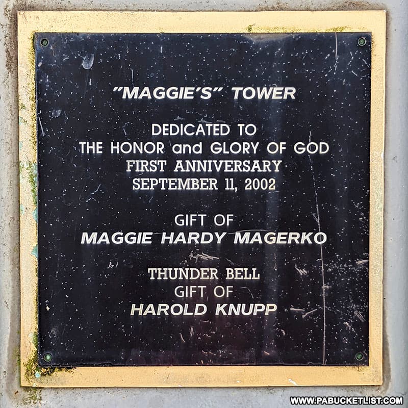 Plaque on Maggie's Tower which holds the Thunder Bell at the Flight 93 Chapel.