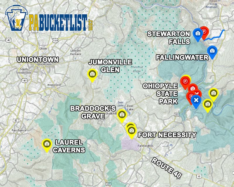 A map to Laurel Caverns and surrounding attractions in Fayette County, PA.