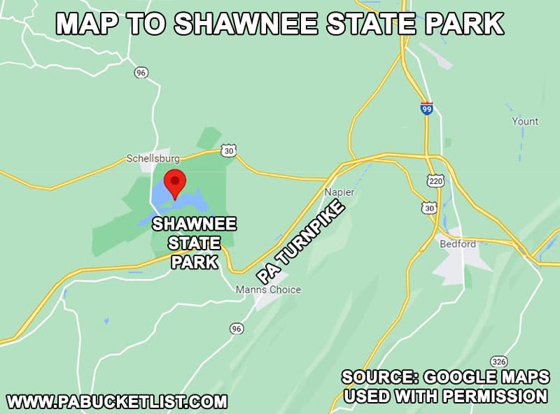 A map to Shawnee State Park in Bedford County Pennsylvania.