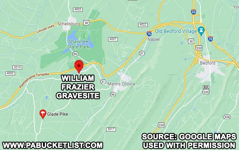 Map to William Frazier gravesite in Bedford County. PA