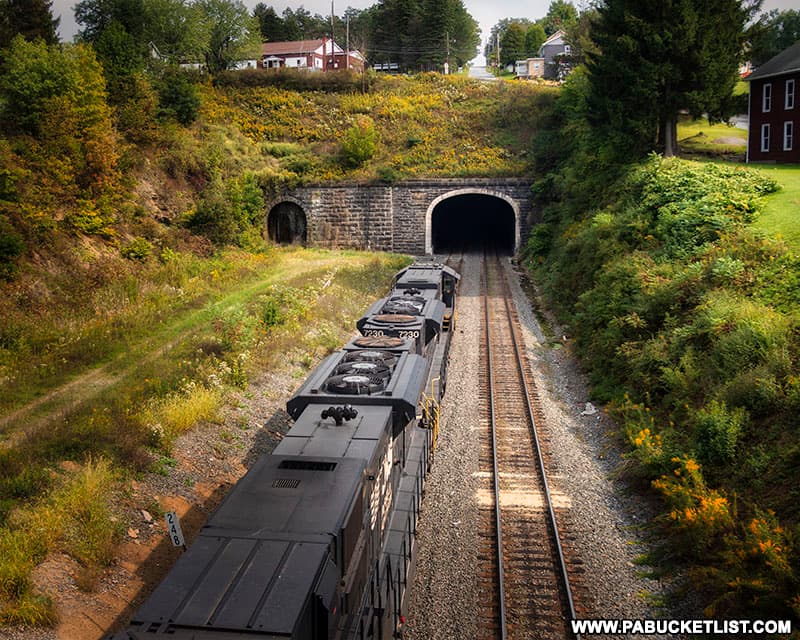 A westbound Norfolk-Southern train exiting the Allegheny Tunnel in Gallitzin.
