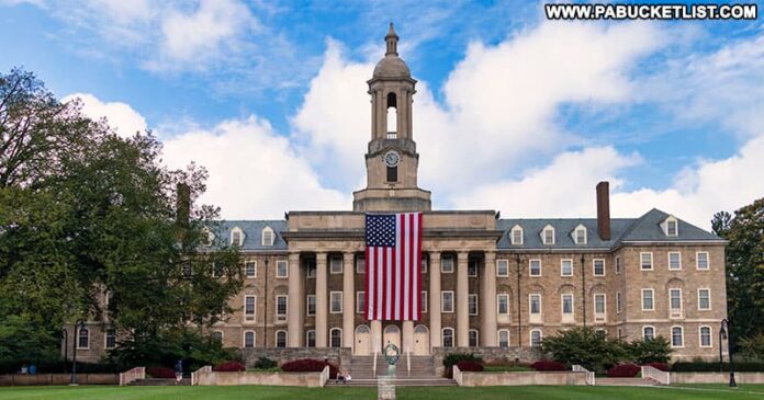 Old Glory hanging from the front of Old Main at Penn State.