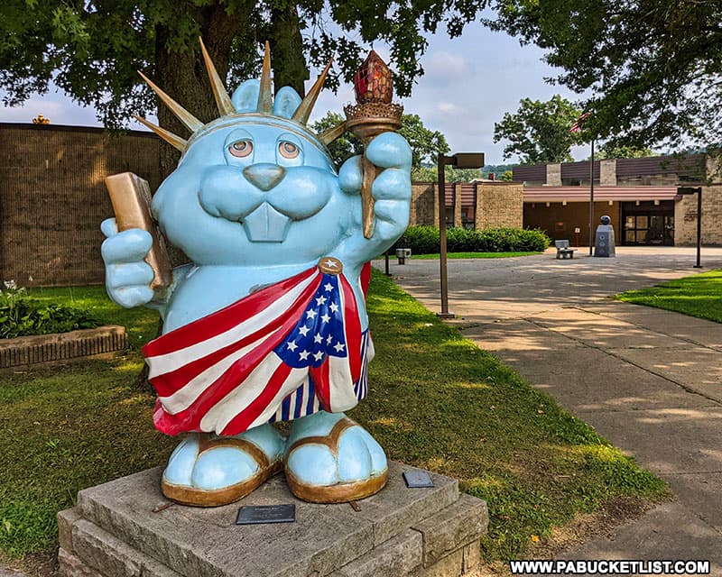 Punxsutawney Phil as the statue of liberty, one of the many versions of Phil statues you'll find scattered around Punxsutawney.