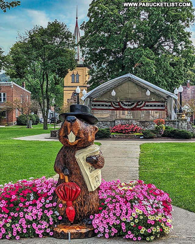 Punxsutawney Phil statue in the downtown park near his burrow.