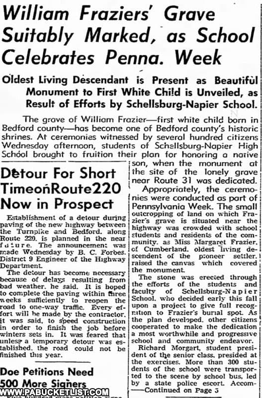 Newspaper clipping from 1950 about the William Frazier gravesite memorial dedication.