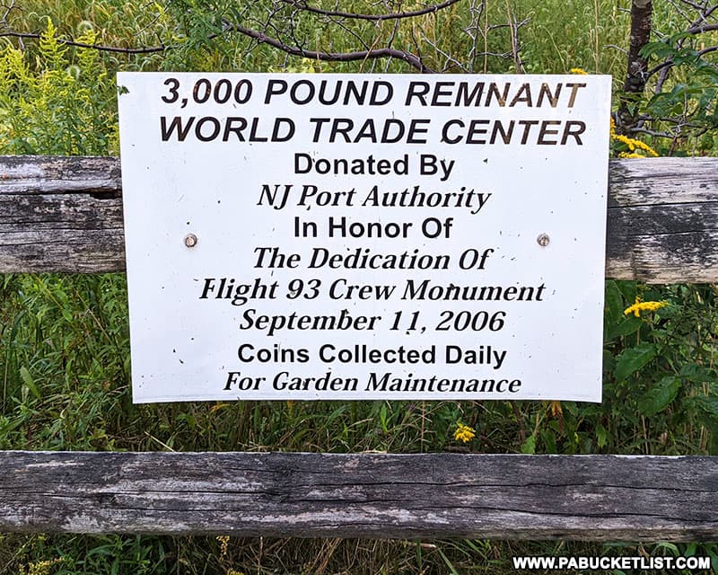 Description of the World Trade CEnter remnant located at the Flight 93 Memorial Chapel.