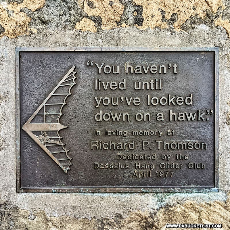 "You haven't lived until you've looked down on a hawk" memorial plaque at Brady's Bend Overlook in Clarion County, PA.