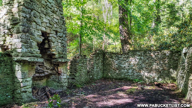 Stone walls and fireplace at the abandoned hunting lodge at Linn Run State Park.