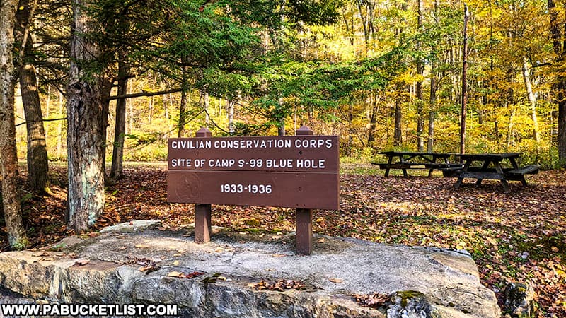 Picnic area where the Blue Hole CCC camp once stood in the Forbes State Forest.
