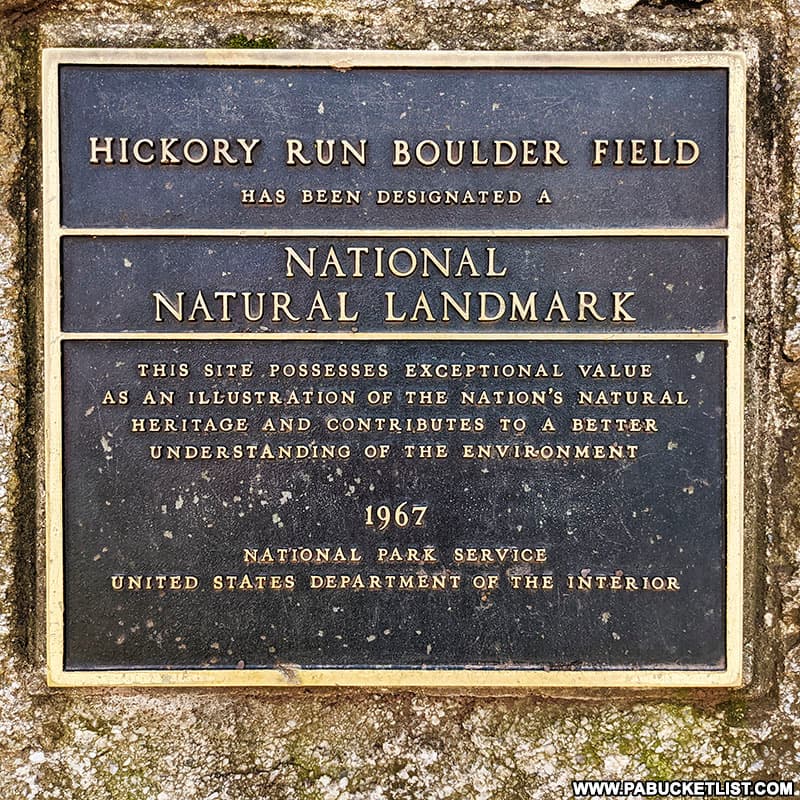 Hickory Run Boulder Field National Natural Landmark plaque.
