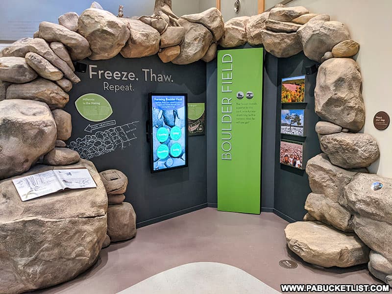 Informational display about the Boulder Field inside the Hickory Run State Park Visitor Center.