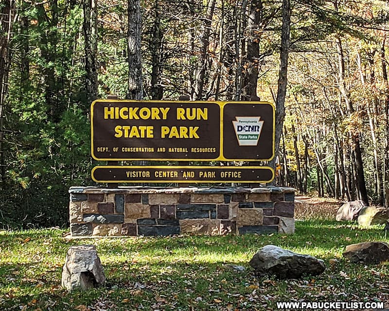 Hickory Run State Park sign at the park office entrance on Route 534.