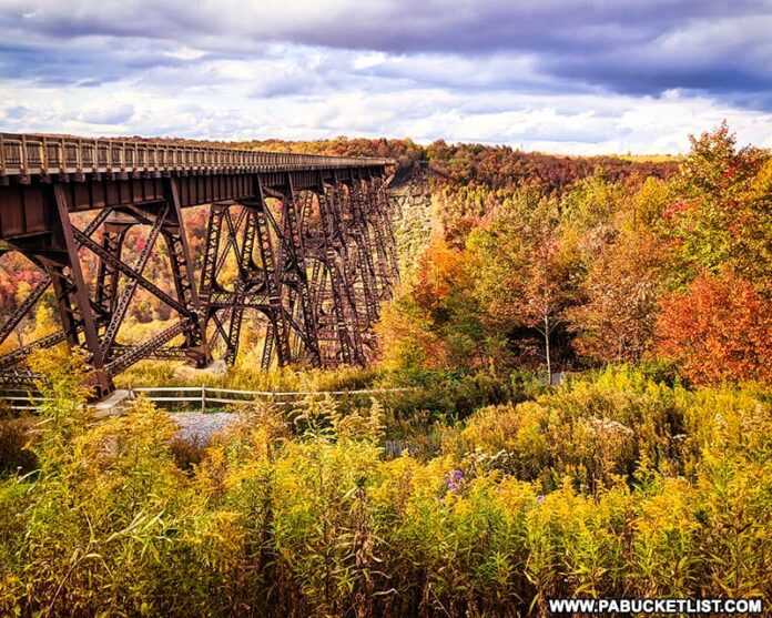 The Kinzua Bridge skywalk, surrounded by fall foliage.