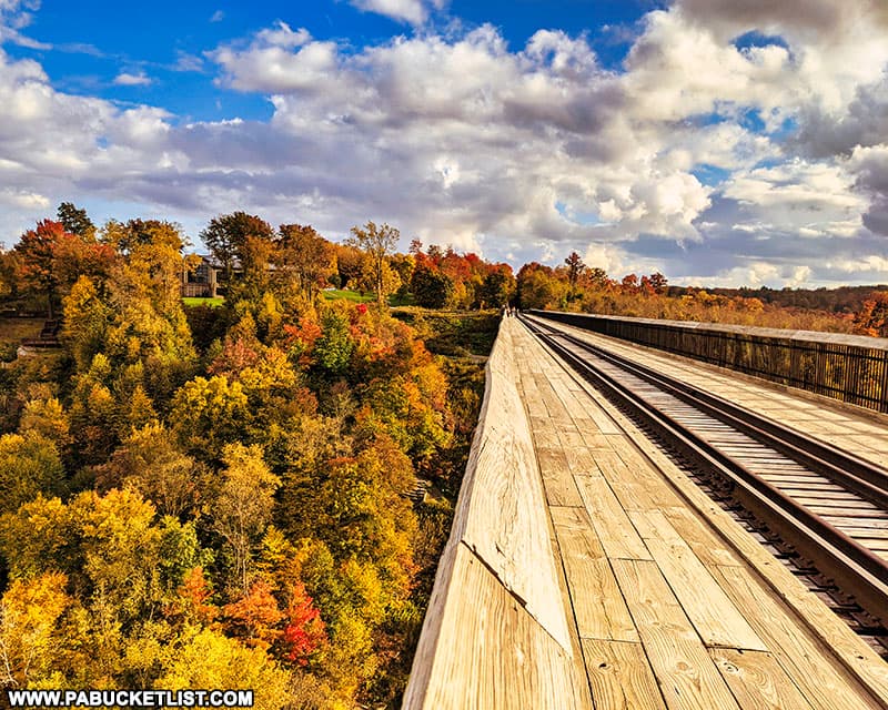 Looking back towards the Visitor Center and the fall foliage from the Kinzua Bridge skywalk.