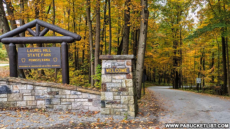 Fall foliage around the entrance to Laurel Hill State Park on October 10th, 2021.