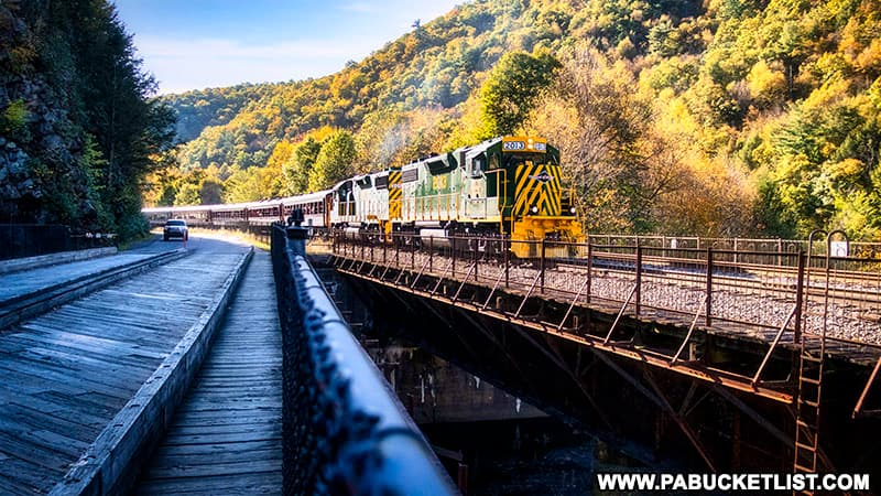 The Lehigh Gorge Scenic Railway fall foliage train passing through Glen Onoko on October 20th, 2021.