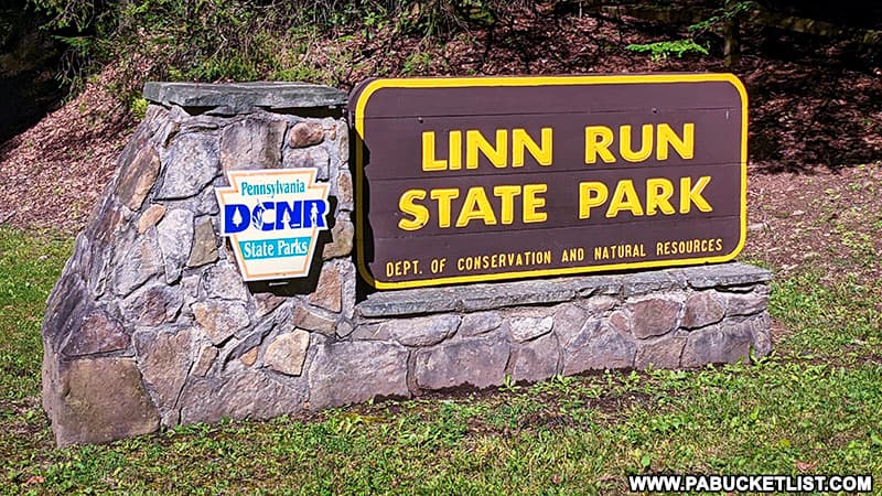 Linn Run State Park sign along Linn Run Road.