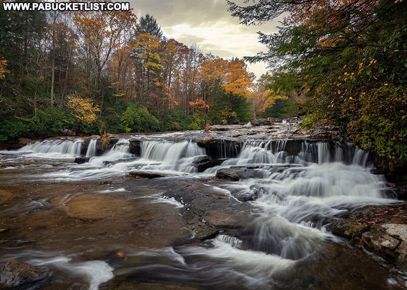 Fall foliage around the Lower Cascades at Ohiopyle State Park.