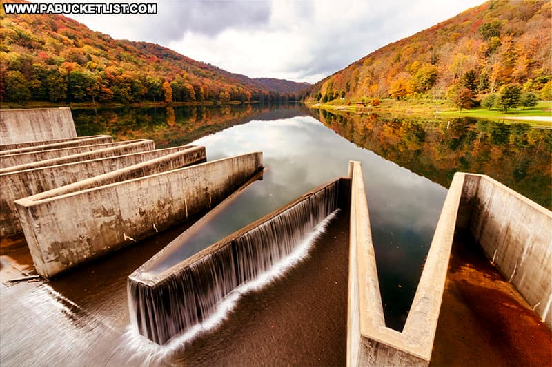 The sawtooth Lyman Run Dam at Lyman Run State Park.