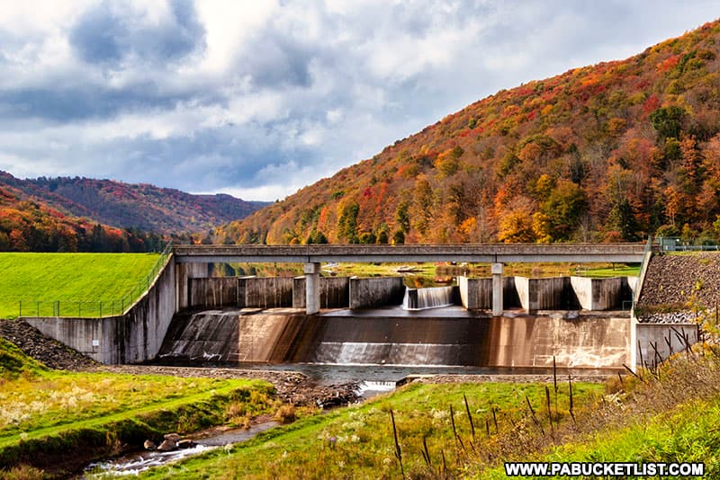 Downstream view of Lyman Run dam and the fall foliage in October 2021.