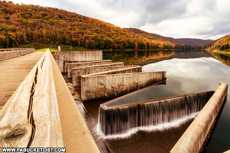 Looking across the breast of the dam at Lyman Run State Park.