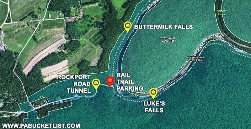 Map to Buttermilk Falls Lukes Falls and the Rockport Road tunnel at Lehigh Gorge State Park.