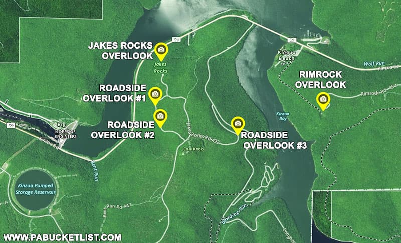 A map to four of the overlooks near Jakes Rocks picnic area in the Allegheny National Forest.