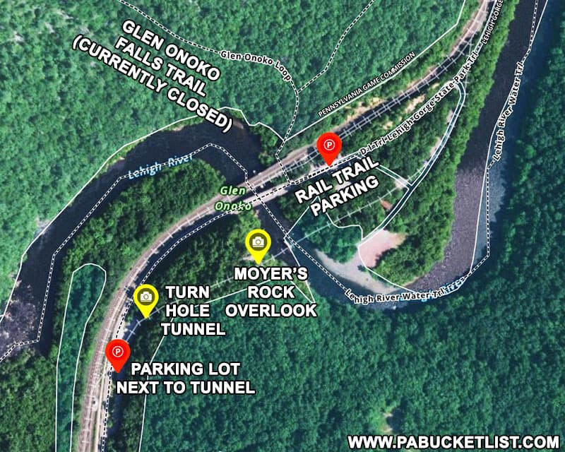 A map to Turn Hole Tunnel and Moyer's Rock Overlook at the Glen Onoko access to Lehigh Gorge State Park.