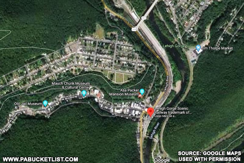 A map to the Lehigh Gorge Scenic Railway in Jim Thorpe, PA.